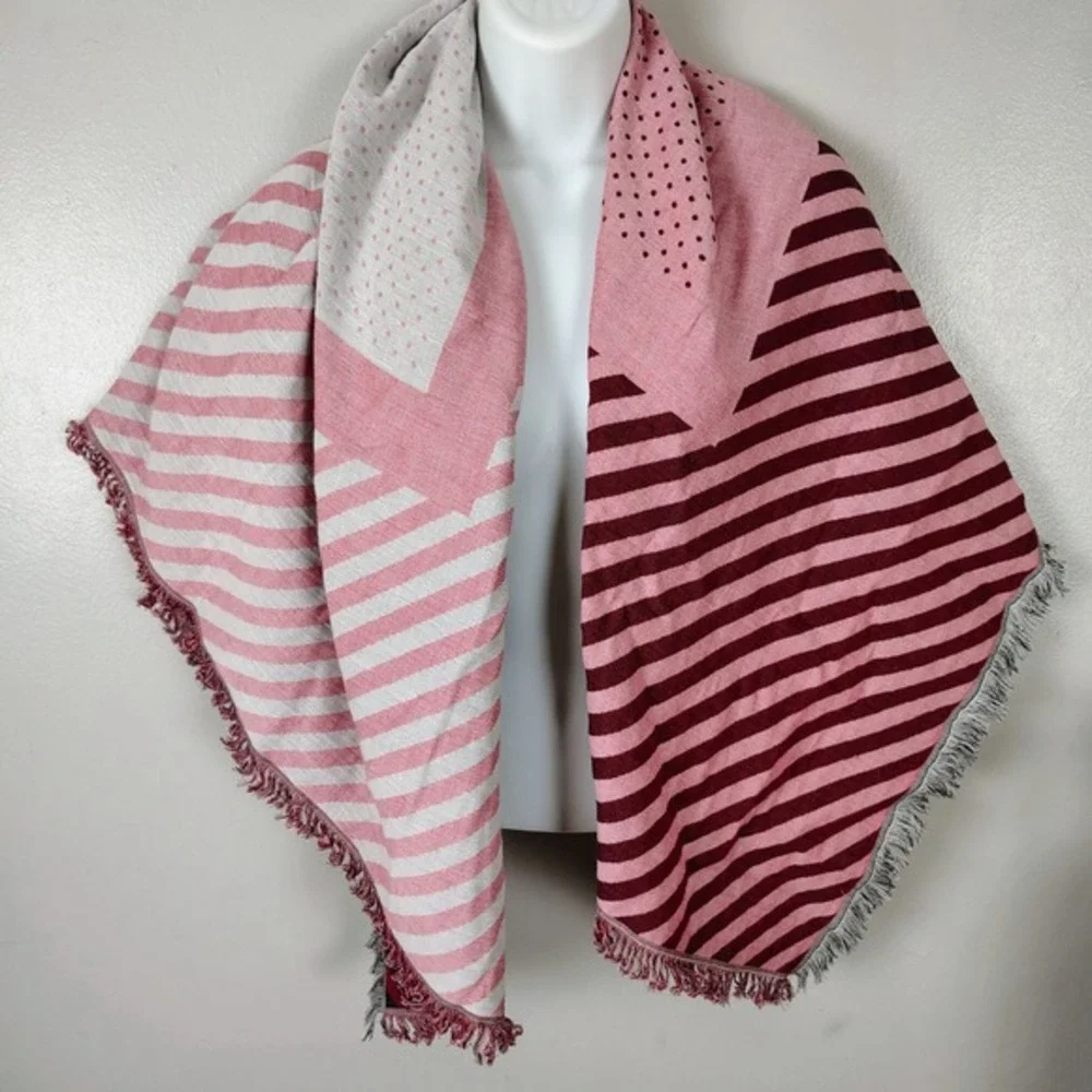Rebecca Minkoff Red‎ Black Pink Striped Polka Dot Reversible Cotton Scarf Wrap